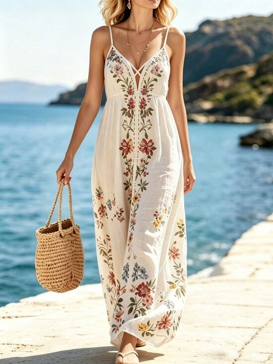 MODA ME COUTURE Dresses & Skirts - Apricot Boho Women's style Floral Print Spaghetti Strap High Waist Dress